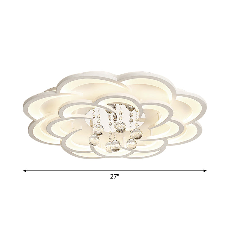 Floral Girls Bedroom Flush Ceiling Light Acrylic Modern LED Semi Mount Lighting in White with Crystal Ball Drop, 20.5"/31.5"/47" W Clearhalo 'Ceiling Lights' 'Close To Ceiling Lights' 'Close to ceiling' 'Flush mount' Lighting' 1959325