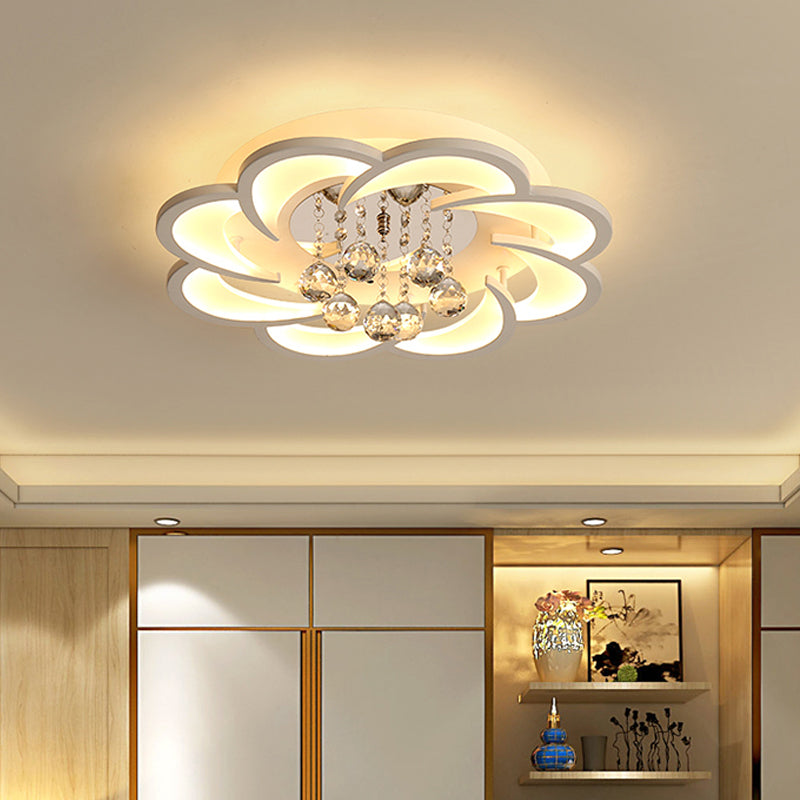 Floral Girls Bedroom Flush Ceiling Light Acrylic Modern LED Semi Mount Lighting in White with Crystal Ball Drop, 20.5"/31.5"/47" W White 20.5" Clearhalo 'Ceiling Lights' 'Close To Ceiling Lights' 'Close to ceiling' 'Flush mount' Lighting' 1959326