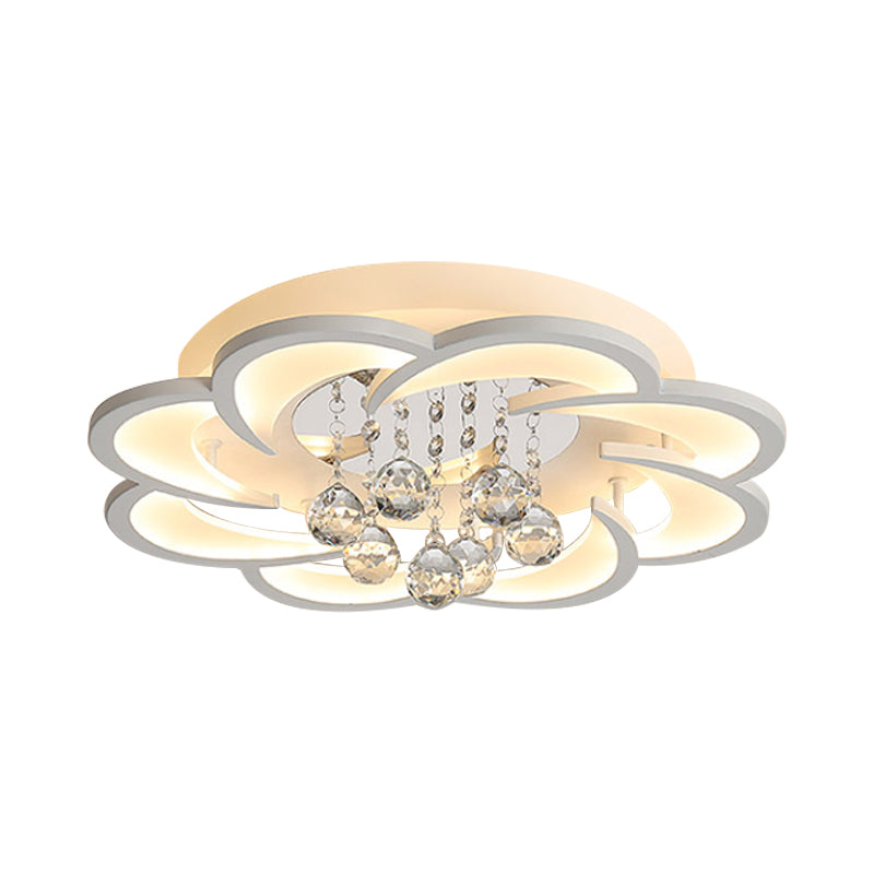 Floral Girls Bedroom Flush Ceiling Light Acrylic Modern LED Semi Mount Lighting in White with Crystal Ball Drop, 20.5"/31.5"/47" W Clearhalo 'Ceiling Lights' 'Close To Ceiling Lights' 'Close to ceiling' 'Flush mount' Lighting' 1959327