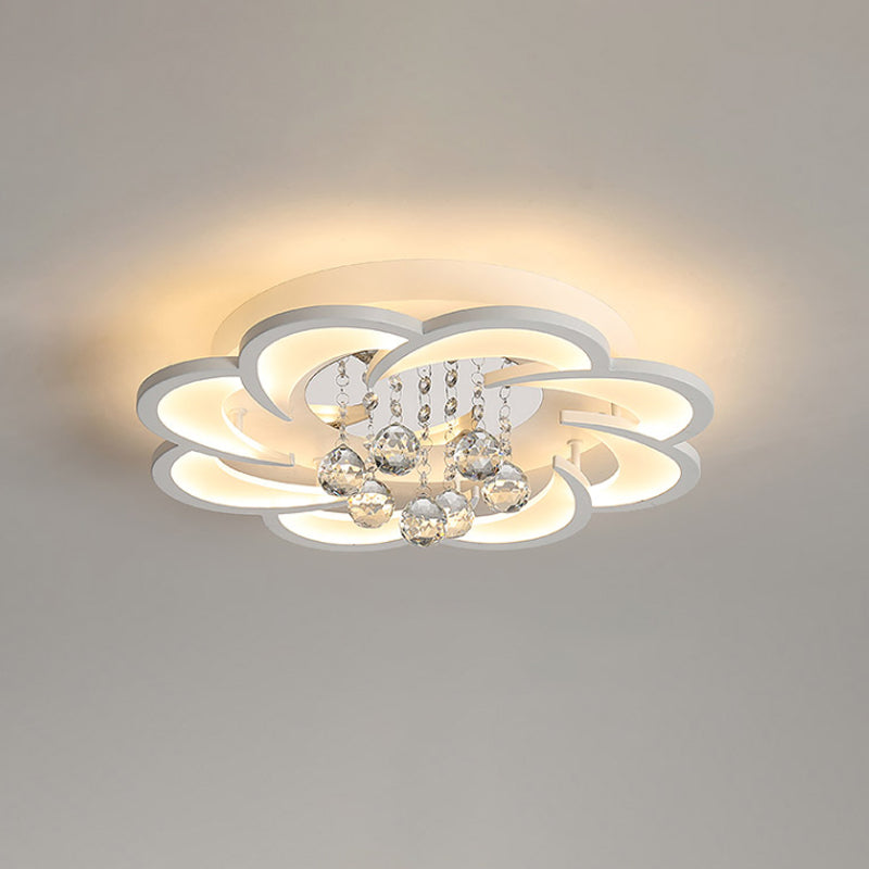 Floral Girls Bedroom Flush Ceiling Light Acrylic Modern LED Semi Mount Lighting in White with Crystal Ball Drop, 20.5"/31.5"/47" W Clearhalo 'Ceiling Lights' 'Close To Ceiling Lights' 'Close to ceiling' 'Flush mount' Lighting' 1959328