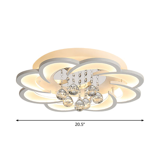 Floral Girls Bedroom Flush Ceiling Light Acrylic Modern LED Semi Mount Lighting in White with Crystal Ball Drop, 20.5"/31.5"/47" W Clearhalo 'Ceiling Lights' 'Close To Ceiling Lights' 'Close to ceiling' 'Flush mount' Lighting' 1959329