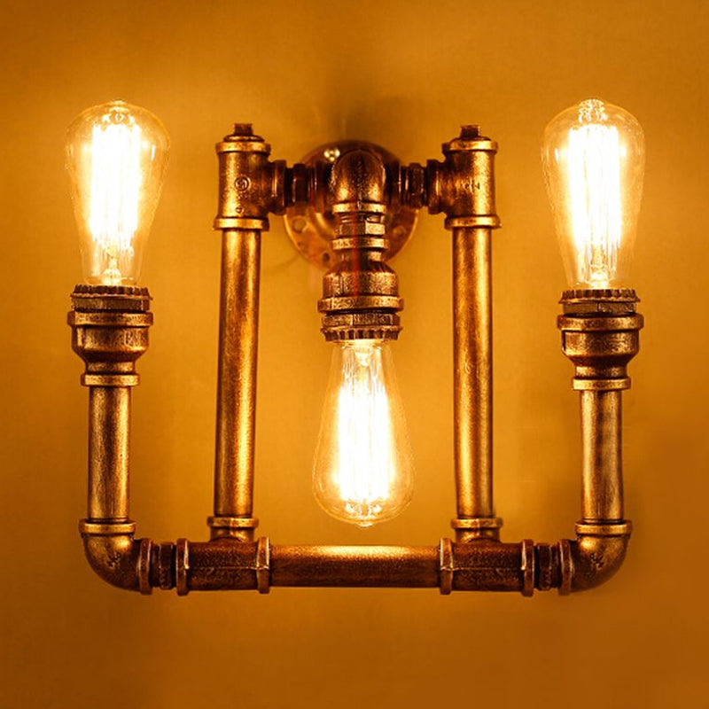 Industrial Exposed Sconce Light with Pipe Design 3 Heads Wrought Iron Wall Lamp in Aged Brass for Hallway Clearhalo 'Art deco wall lights' 'Cast Iron' 'Glass' 'Industrial wall lights' 'Industrial' 'Middle century wall lights' 'Modern' 'Rustic wall lights' 'Tiffany' 'Traditional wall lights' 'Wall Lamps & Sconces' 'Wall Lights' Lighting' 1959382