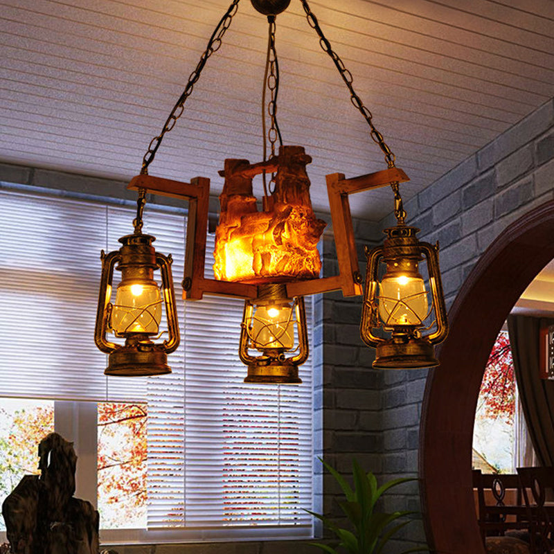 Loft Style Lantern Pendant Light 3 Lights Metal Aged Brass Chandelier for Restaurant Clearhalo 'Ceiling Lights' 'Chandeliers' 'Close To Ceiling Lights' 'Glass shade' 'Glass' 'Industrial Chandeliers' 'Industrial' 'Middle Century Chandeliers' 'Tiffany' Lighting' 1959383