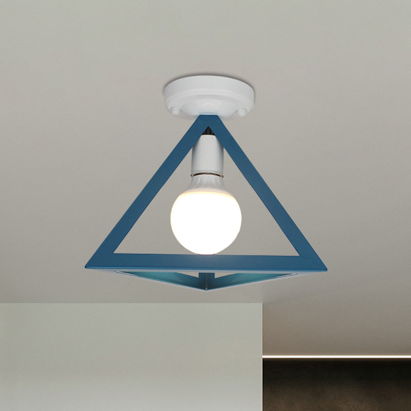 Loft Style Triangle Ceiling Fixture with Cage Shade 1 Bulb Metallic Semi Flush Mount Light in Black/Red Blue B Clearhalo 'Ceiling Lights' 'Close To Ceiling Lights' 'Close to ceiling' 'Semi-flushmount' Lighting' 1959452