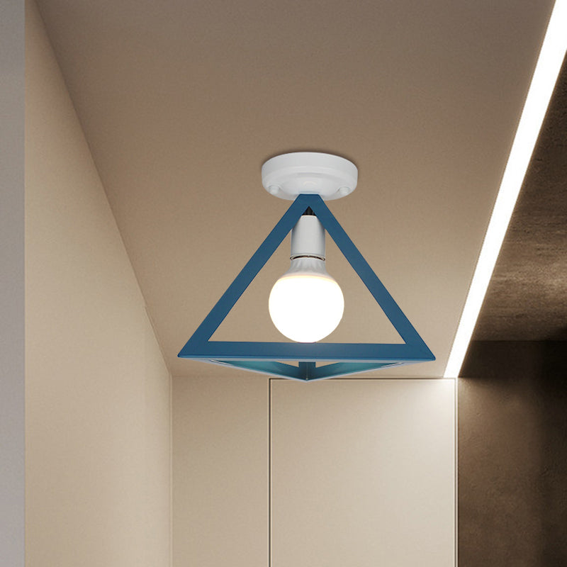 Loft Style Triangle Ceiling Fixture with Cage Shade 1 Bulb Metallic Semi Flush Mount Light in Black/Red Clearhalo 'Ceiling Lights' 'Close To Ceiling Lights' 'Close to ceiling' 'Semi-flushmount' Lighting' 1959453