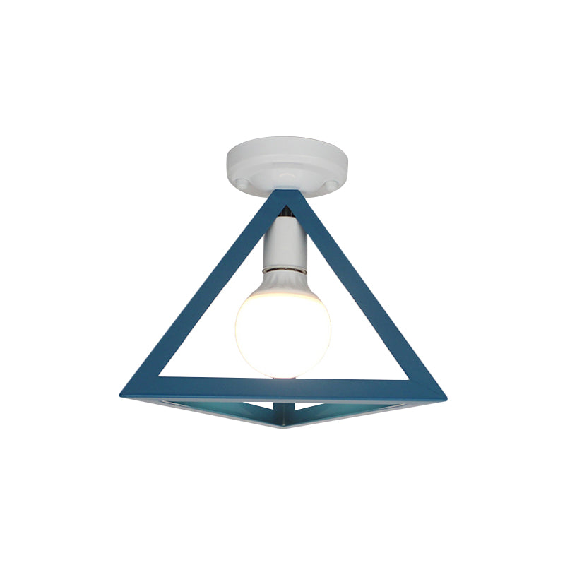 Loft Style Triangle Ceiling Fixture with Cage Shade 1 Bulb Metallic Semi Flush Mount Light in Black/Red Clearhalo 'Ceiling Lights' 'Close To Ceiling Lights' 'Close to ceiling' 'Semi-flushmount' Lighting' 1959455