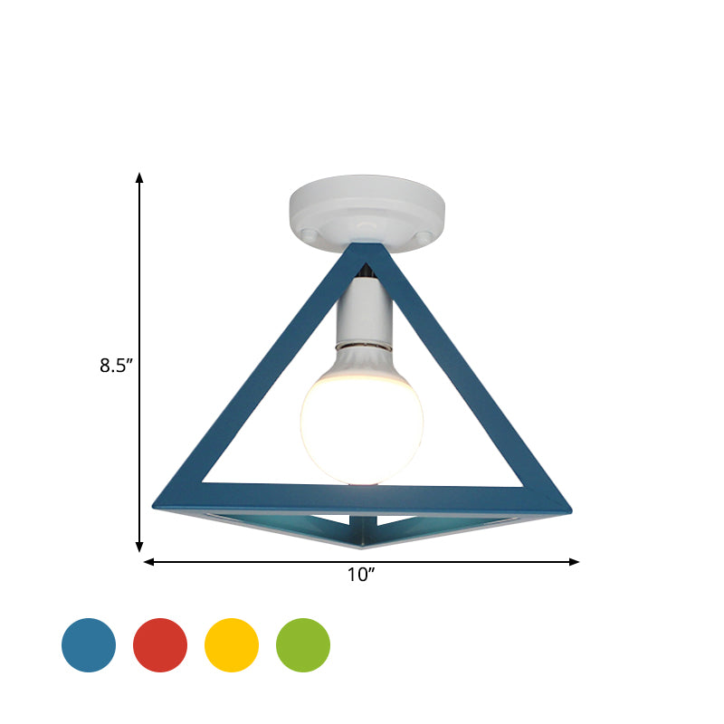 Loft Style Triangle Ceiling Fixture with Cage Shade 1 Bulb Metallic Semi Flush Mount Light in Black/Red Clearhalo 'Ceiling Lights' 'Close To Ceiling Lights' 'Close to ceiling' 'Semi-flushmount' Lighting' 1959456