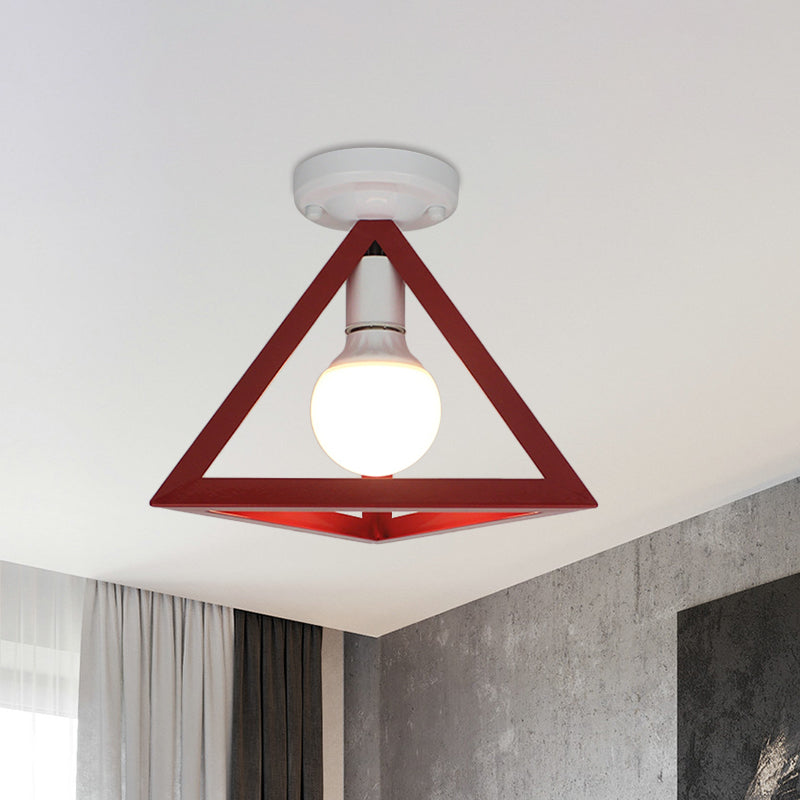 Loft Style Triangle Ceiling Fixture with Cage Shade 1 Bulb Metallic Semi Flush Mount Light in Black/Red Red B Clearhalo 'Ceiling Lights' 'Close To Ceiling Lights' 'Close to ceiling' 'Semi-flushmount' Lighting' 1959457