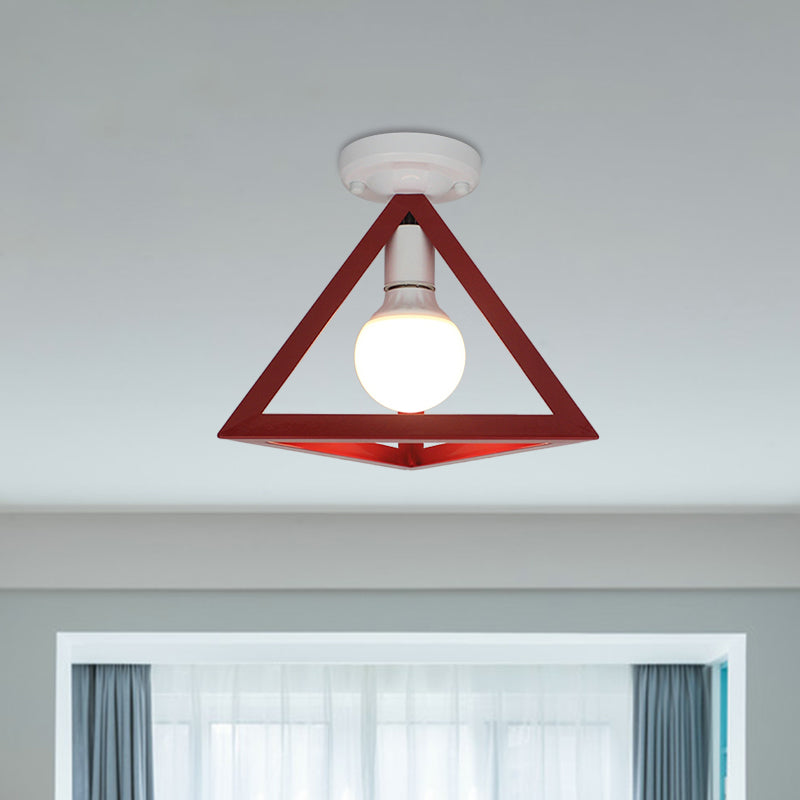 Loft Style Triangle Ceiling Fixture with Cage Shade 1 Bulb Metallic Semi Flush Mount Light in Black/Red Clearhalo 'Ceiling Lights' 'Close To Ceiling Lights' 'Close to ceiling' 'Semi-flushmount' Lighting' 1959458