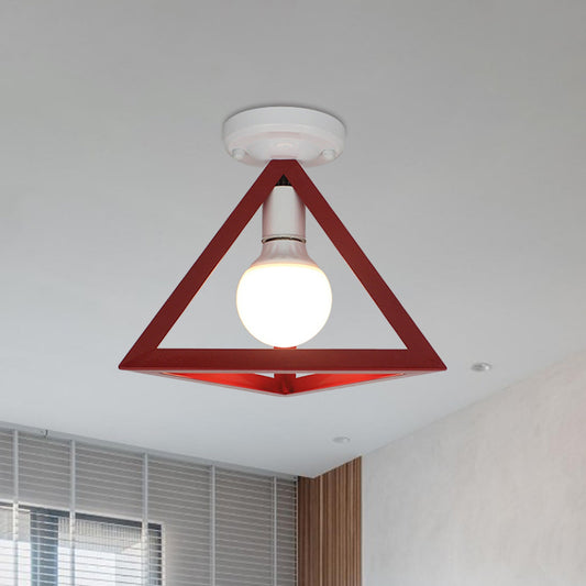 Loft Style Triangle Ceiling Fixture with Cage Shade 1 Bulb Metallic Semi Flush Mount Light in Black/Red Clearhalo 'Ceiling Lights' 'Close To Ceiling Lights' 'Close to ceiling' 'Semi-flushmount' Lighting' 1959459