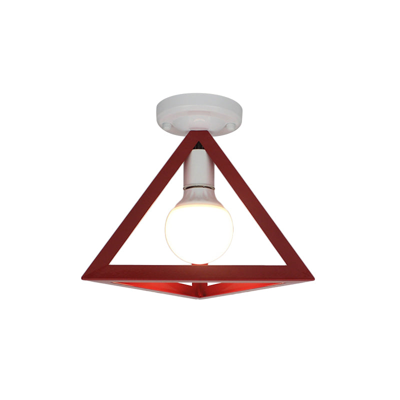 Loft Style Triangle Ceiling Fixture with Cage Shade 1 Bulb Metallic Semi Flush Mount Light in Black/Red Clearhalo 'Ceiling Lights' 'Close To Ceiling Lights' 'Close to ceiling' 'Semi-flushmount' Lighting' 1959460