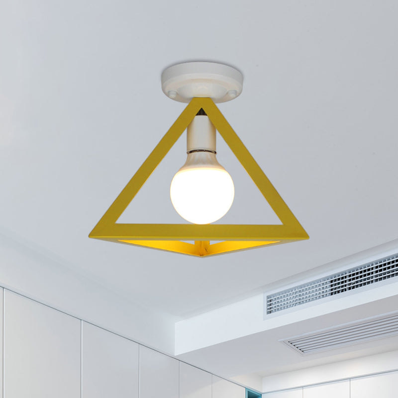 Loft Style Triangle Ceiling Fixture with Cage Shade 1 Bulb Metallic Semi Flush Mount Light in Black/Red Yellow B Clearhalo 'Ceiling Lights' 'Close To Ceiling Lights' 'Close to ceiling' 'Semi-flushmount' Lighting' 1959461