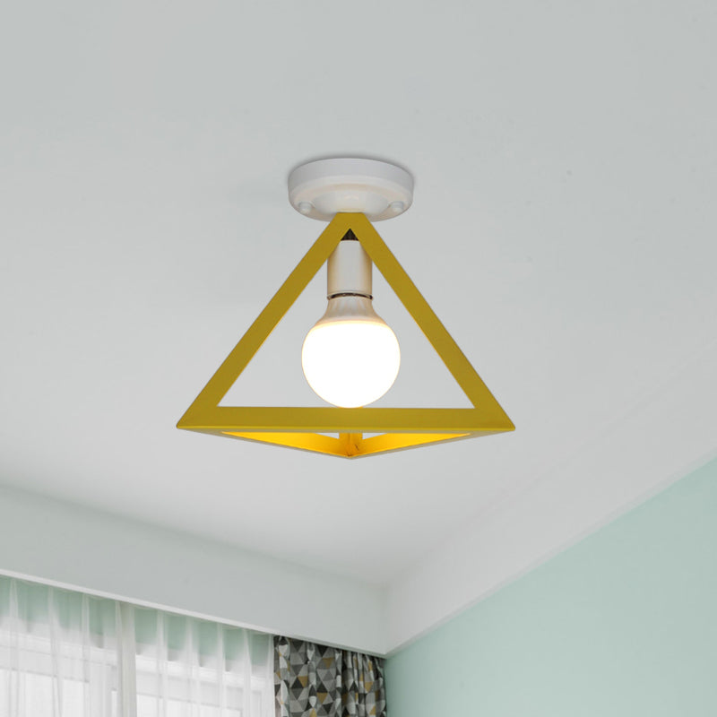 Loft Style Triangle Ceiling Fixture with Cage Shade 1 Bulb Metallic Semi Flush Mount Light in Black/Red Clearhalo 'Ceiling Lights' 'Close To Ceiling Lights' 'Close to ceiling' 'Semi-flushmount' Lighting' 1959462