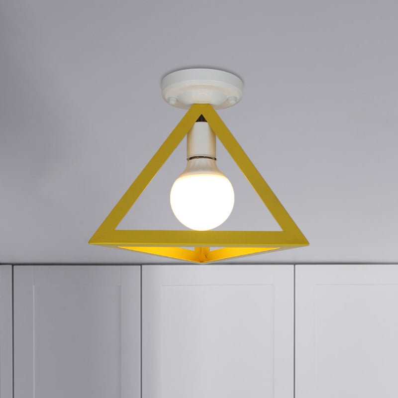 Loft Style Triangle Ceiling Fixture with Cage Shade 1 Bulb Metallic Semi Flush Mount Light in Black/Red Clearhalo 'Ceiling Lights' 'Close To Ceiling Lights' 'Close to ceiling' 'Semi-flushmount' Lighting' 1959463