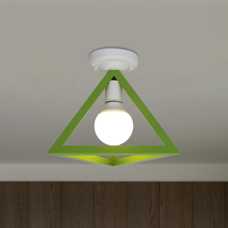 Loft Style Triangle Ceiling Fixture with Cage Shade 1 Bulb Metallic Semi Flush Mount Light in Black/Red Green B Clearhalo 'Ceiling Lights' 'Close To Ceiling Lights' 'Close to ceiling' 'Semi-flushmount' Lighting' 1959465