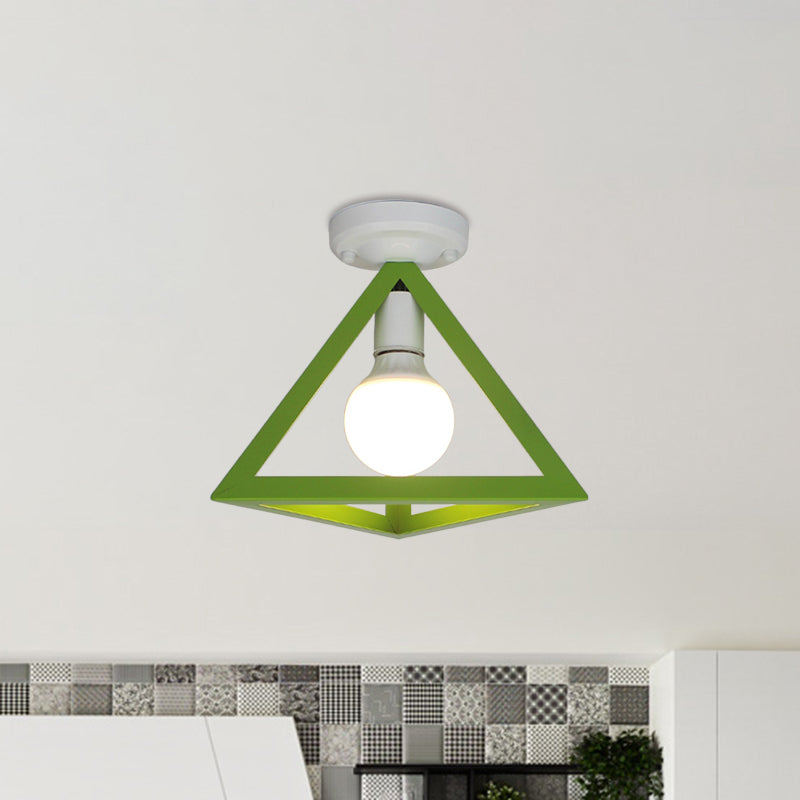 Loft Style Triangle Ceiling Fixture with Cage Shade 1 Bulb Metallic Semi Flush Mount Light in Black/Red Clearhalo 'Ceiling Lights' 'Close To Ceiling Lights' 'Close to ceiling' 'Semi-flushmount' Lighting' 1959466