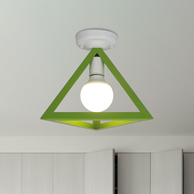 Loft Style Triangle Ceiling Fixture with Cage Shade 1 Bulb Metallic Semi Flush Mount Light in Black/Red Clearhalo 'Ceiling Lights' 'Close To Ceiling Lights' 'Close to ceiling' 'Semi-flushmount' Lighting' 1959467