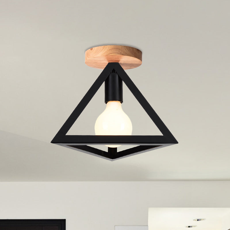 Loft Style Triangle Ceiling Fixture with Cage Shade 1 Bulb Metallic Semi Flush Mount Light in Black/Red Black C Clearhalo 'Ceiling Lights' 'Close To Ceiling Lights' 'Close to ceiling' 'Semi-flushmount' Lighting' 1959469