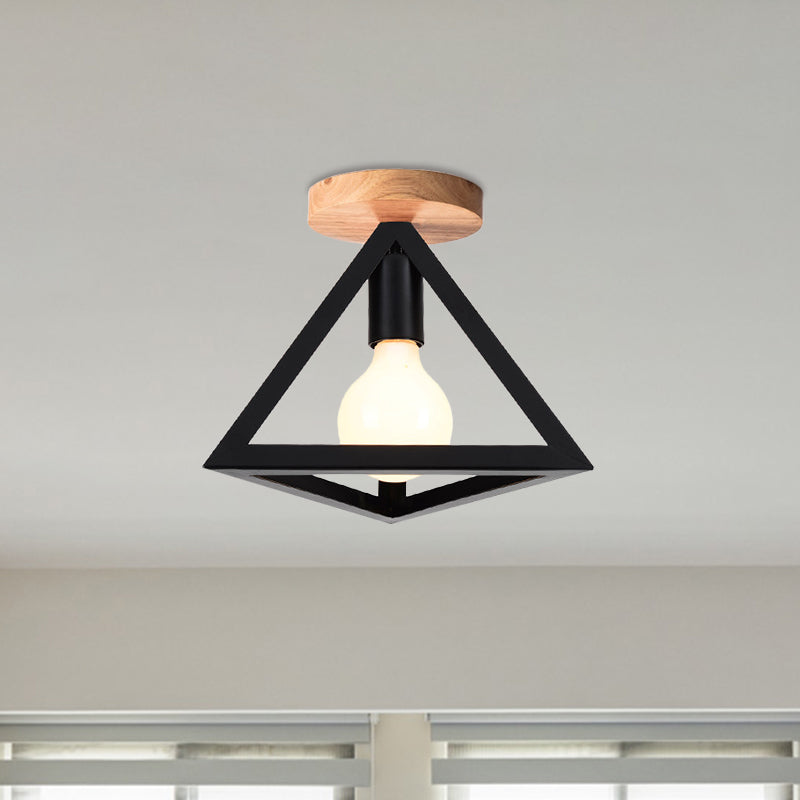 Loft Style Triangle Ceiling Fixture with Cage Shade 1 Bulb Metallic Semi Flush Mount Light in Black/Red Clearhalo 'Ceiling Lights' 'Close To Ceiling Lights' 'Close to ceiling' 'Semi-flushmount' Lighting' 1959470