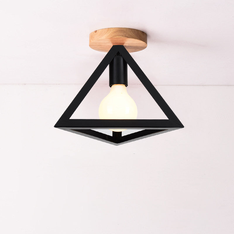 Loft Style Triangle Ceiling Fixture with Cage Shade 1 Bulb Metallic Semi Flush Mount Light in Black/Red Clearhalo 'Ceiling Lights' 'Close To Ceiling Lights' 'Close to ceiling' 'Semi-flushmount' Lighting' 1959471