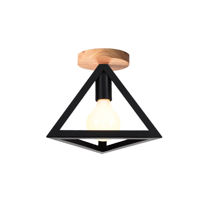 Loft Style Triangle Ceiling Fixture with Cage Shade 1 Bulb Metallic Semi Flush Mount Light in Black/Red Clearhalo 'Ceiling Lights' 'Close To Ceiling Lights' 'Close to ceiling' 'Semi-flushmount' Lighting' 1959472