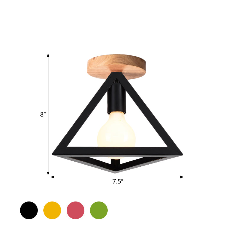 Loft Style Triangle Ceiling Fixture with Cage Shade 1 Bulb Metallic Semi Flush Mount Light in Black/Red Clearhalo 'Ceiling Lights' 'Close To Ceiling Lights' 'Close to ceiling' 'Semi-flushmount' Lighting' 1959473