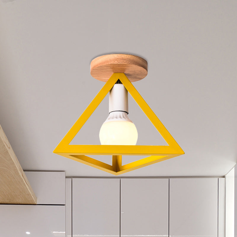 Loft Style Triangle Ceiling Fixture with Cage Shade 1 Bulb Metallic Semi Flush Mount Light in Black/Red Yellow C Clearhalo 'Ceiling Lights' 'Close To Ceiling Lights' 'Close to ceiling' 'Semi-flushmount' Lighting' 1959474