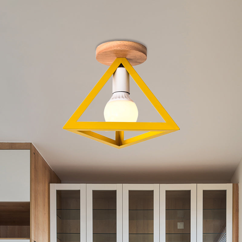 Loft Style Triangle Ceiling Fixture with Cage Shade 1 Bulb Metallic Semi Flush Mount Light in Black/Red Clearhalo 'Ceiling Lights' 'Close To Ceiling Lights' 'Close to ceiling' 'Semi-flushmount' Lighting' 1959475