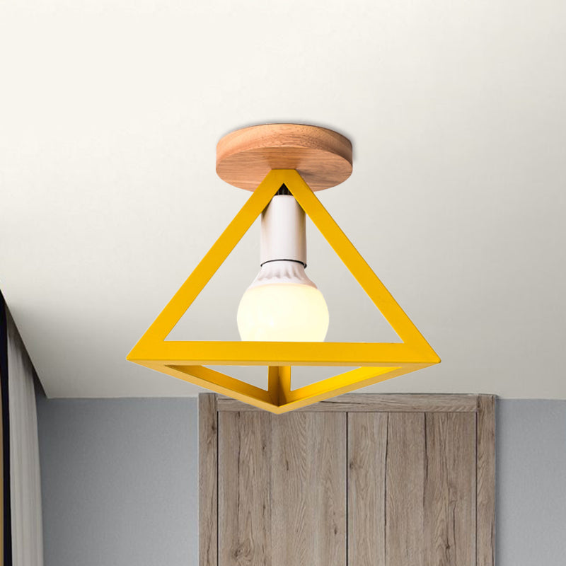 Loft Style Triangle Ceiling Fixture with Cage Shade 1 Bulb Metallic Semi Flush Mount Light in Black/Red Clearhalo 'Ceiling Lights' 'Close To Ceiling Lights' 'Close to ceiling' 'Semi-flushmount' Lighting' 1959476