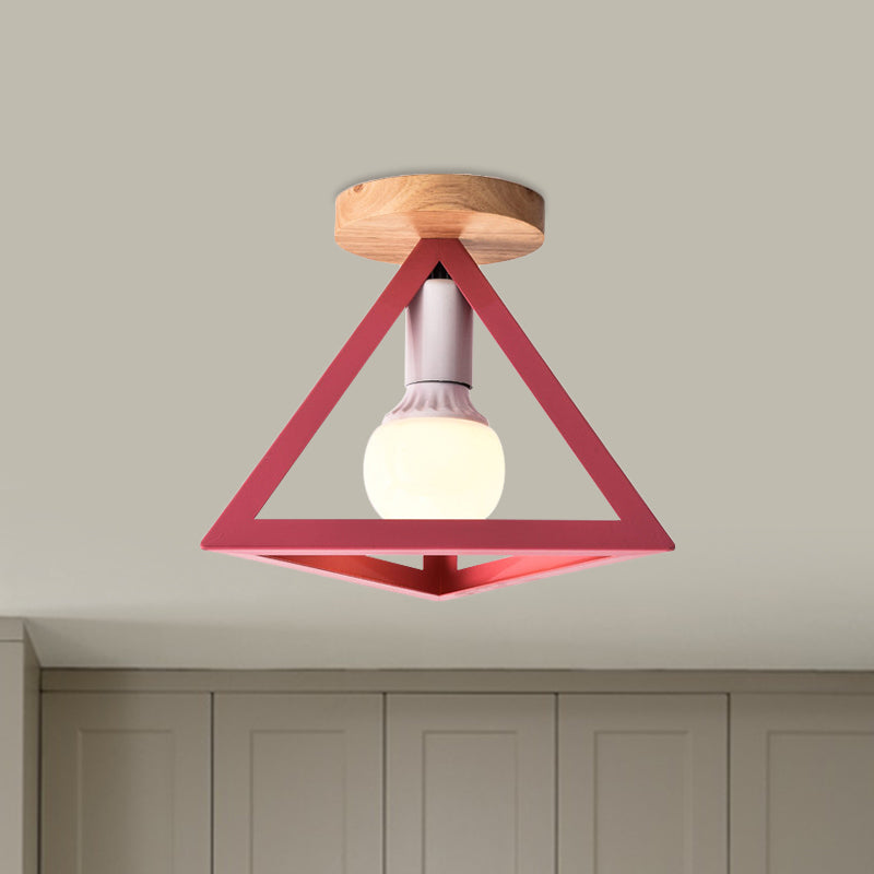 Loft Style Triangle Ceiling Fixture with Cage Shade 1 Bulb Metallic Semi Flush Mount Light in Black/Red Red C Clearhalo 'Ceiling Lights' 'Close To Ceiling Lights' 'Close to ceiling' 'Semi-flushmount' Lighting' 1959478