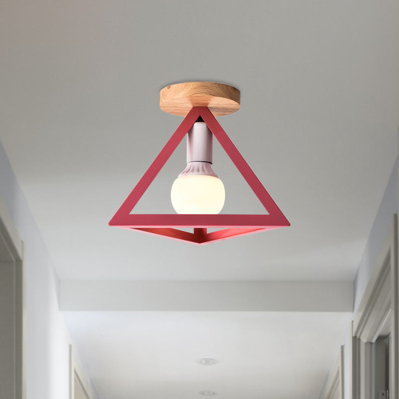 Loft Style Triangle Ceiling Fixture with Cage Shade 1 Bulb Metallic Semi Flush Mount Light in Black/Red Clearhalo 'Ceiling Lights' 'Close To Ceiling Lights' 'Close to ceiling' 'Semi-flushmount' Lighting' 1959479