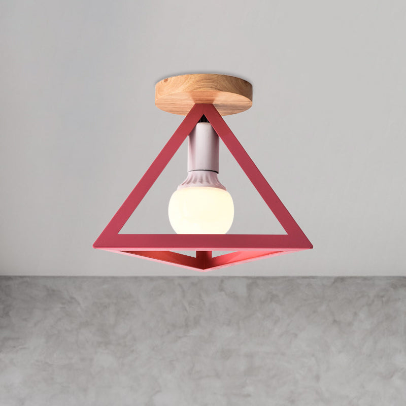 Loft Style Triangle Ceiling Fixture with Cage Shade 1 Bulb Metallic Semi Flush Mount Light in Black/Red Clearhalo 'Ceiling Lights' 'Close To Ceiling Lights' 'Close to ceiling' 'Semi-flushmount' Lighting' 1959480