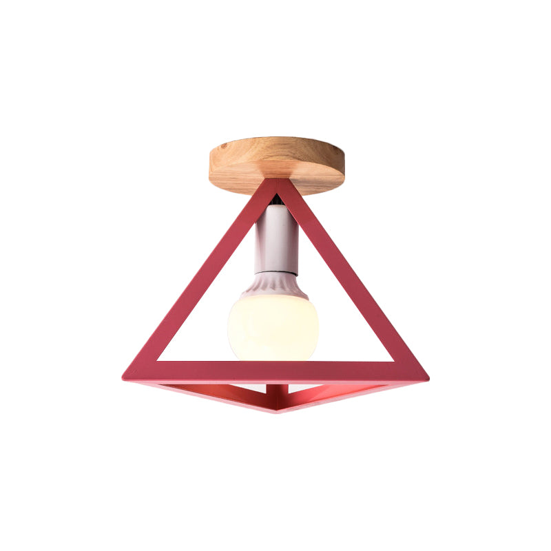 Loft Style Triangle Ceiling Fixture with Cage Shade 1 Bulb Metallic Semi Flush Mount Light in Black/Red Clearhalo 'Ceiling Lights' 'Close To Ceiling Lights' 'Close to ceiling' 'Semi-flushmount' Lighting' 1959481