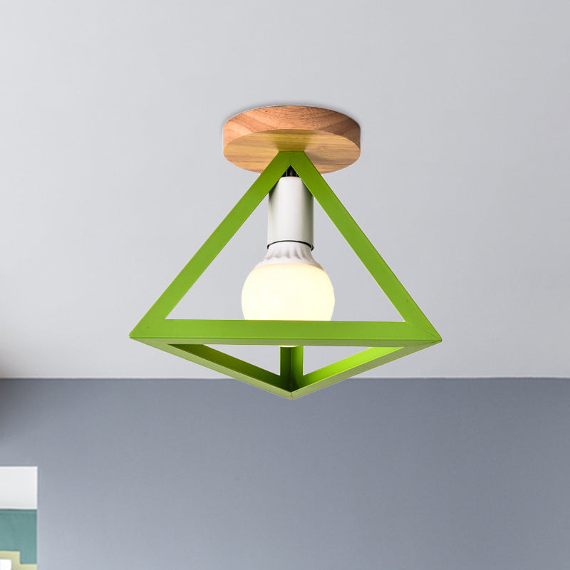 Loft Style Triangle Ceiling Fixture with Cage Shade 1 Bulb Metallic Semi Flush Mount Light in Black/Red Green C Clearhalo 'Ceiling Lights' 'Close To Ceiling Lights' 'Close to ceiling' 'Semi-flushmount' Lighting' 1959482