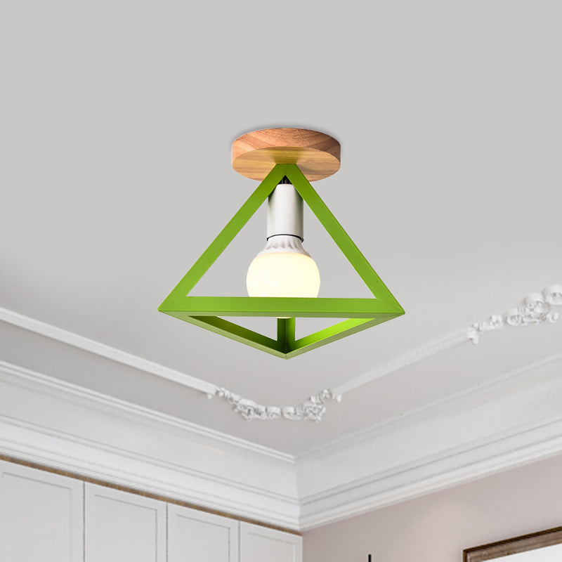 Loft Style Triangle Ceiling Fixture with Cage Shade 1 Bulb Metallic Semi Flush Mount Light in Black/Red Clearhalo 'Ceiling Lights' 'Close To Ceiling Lights' 'Close to ceiling' 'Semi-flushmount' Lighting' 1959483