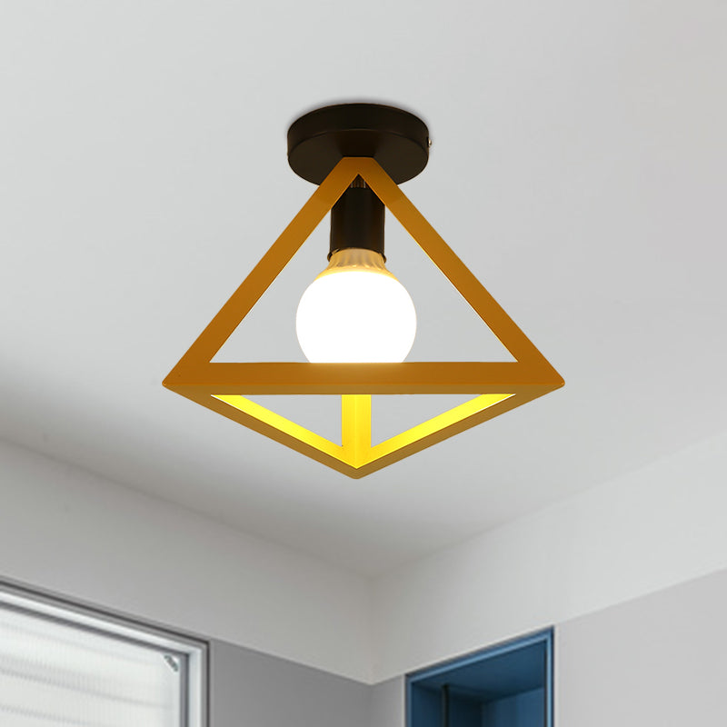 Loft Style Triangle Ceiling Fixture with Cage Shade 1 Bulb Metallic Semi Flush Mount Light in Black/Red Yellow A Clearhalo 'Ceiling Lights' 'Close To Ceiling Lights' 'Close to ceiling' 'Semi-flushmount' Lighting' 1959486