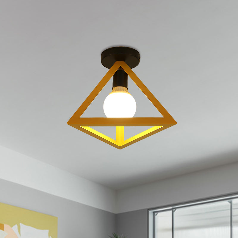 Loft Style Triangle Ceiling Fixture with Cage Shade 1 Bulb Metallic Semi Flush Mount Light in Black/Red Clearhalo 'Ceiling Lights' 'Close To Ceiling Lights' 'Close to ceiling' 'Semi-flushmount' Lighting' 1959487