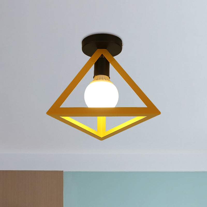 Loft Style Triangle Ceiling Fixture with Cage Shade 1 Bulb Metallic Semi Flush Mount Light in Black/Red Clearhalo 'Ceiling Lights' 'Close To Ceiling Lights' 'Close to ceiling' 'Semi-flushmount' Lighting' 1959488