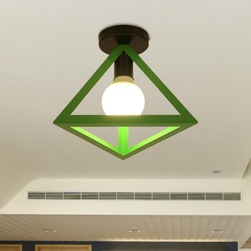 Loft Style Triangle Ceiling Fixture with Cage Shade 1 Bulb Metallic Semi Flush Mount Light in Black/Red Green A Clearhalo 'Ceiling Lights' 'Close To Ceiling Lights' 'Close to ceiling' 'Semi-flushmount' Lighting' 1959490