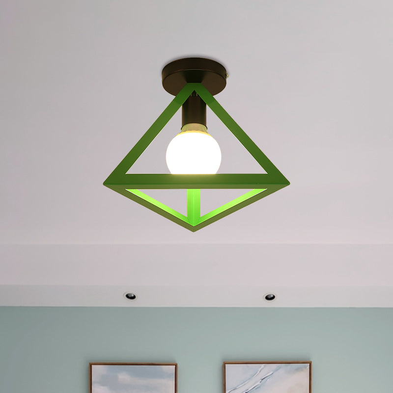 Loft Style Triangle Ceiling Fixture with Cage Shade 1 Bulb Metallic Semi Flush Mount Light in Black/Red Clearhalo 'Ceiling Lights' 'Close To Ceiling Lights' 'Close to ceiling' 'Semi-flushmount' Lighting' 1959491