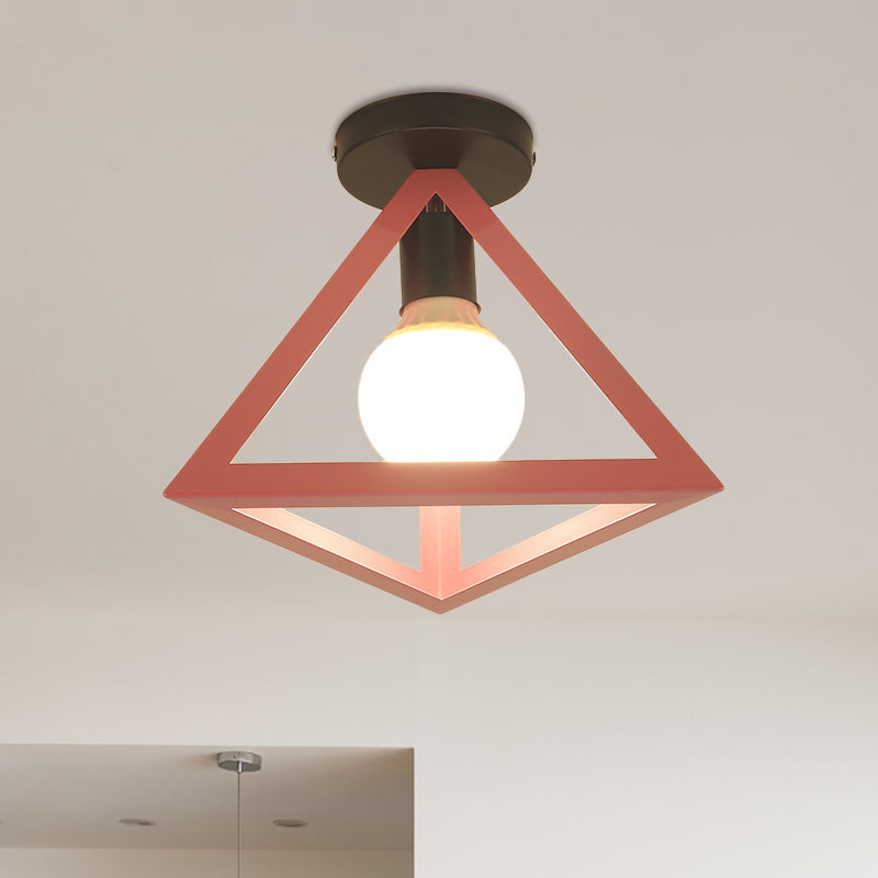 Loft Style Triangle Ceiling Fixture with Cage Shade 1 Bulb Metallic Semi Flush Mount Light in Black/Red Pink A Clearhalo 'Ceiling Lights' 'Close To Ceiling Lights' 'Close to ceiling' 'Semi-flushmount' Lighting' 1959494