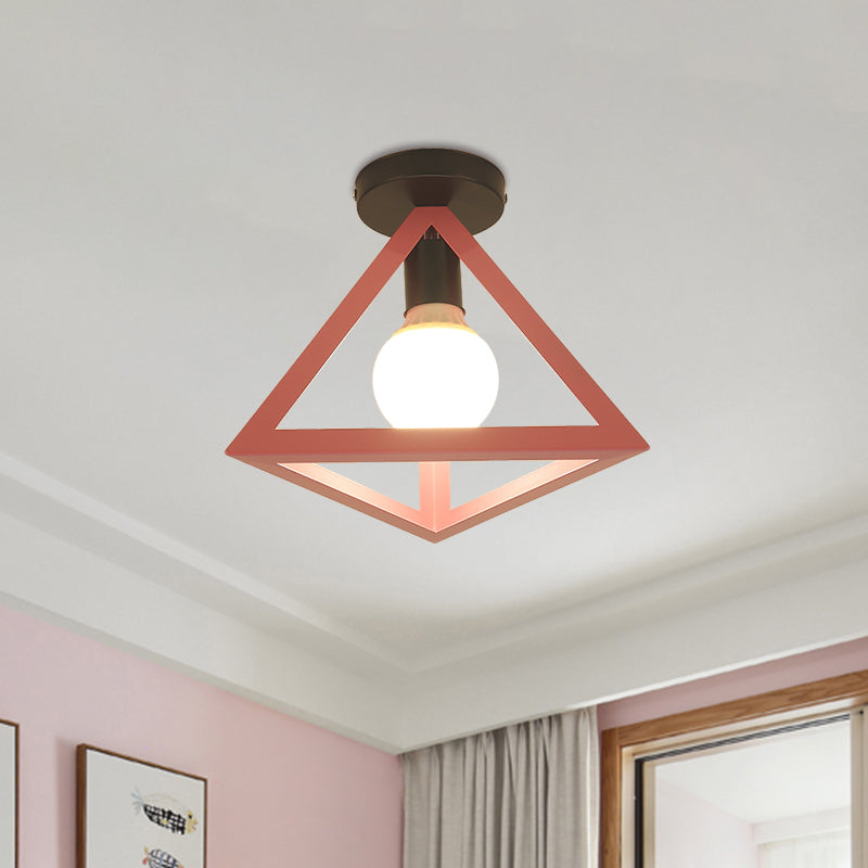 Loft Style Triangle Ceiling Fixture with Cage Shade 1 Bulb Metallic Semi Flush Mount Light in Black/Red Clearhalo 'Ceiling Lights' 'Close To Ceiling Lights' 'Close to ceiling' 'Semi-flushmount' Lighting' 1959495