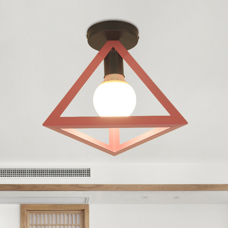 Loft Style Triangle Ceiling Fixture with Cage Shade 1 Bulb Metallic Semi Flush Mount Light in Black/Red Clearhalo 'Ceiling Lights' 'Close To Ceiling Lights' 'Close to ceiling' 'Semi-flushmount' Lighting' 1959496