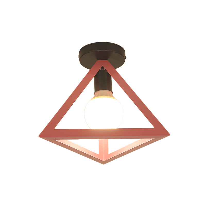 Loft Style Triangle Ceiling Fixture with Cage Shade 1 Bulb Metallic Semi Flush Mount Light in Black/Red Clearhalo 'Ceiling Lights' 'Close To Ceiling Lights' 'Close to ceiling' 'Semi-flushmount' Lighting' 1959497