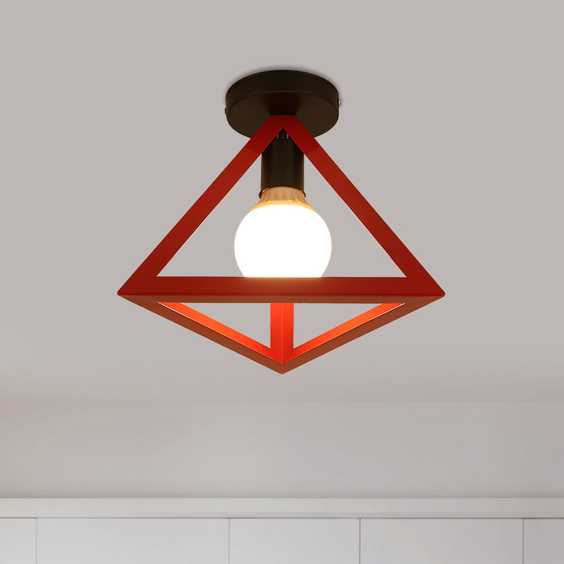 Loft Style Triangle Ceiling Fixture with Cage Shade 1 Bulb Metallic Semi Flush Mount Light in Black/Red Red A Clearhalo 'Ceiling Lights' 'Close To Ceiling Lights' 'Close to ceiling' 'Semi-flushmount' Lighting' 1959498