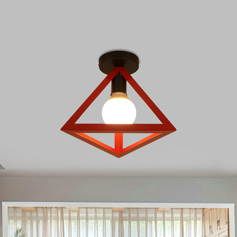 Loft Style Triangle Ceiling Fixture with Cage Shade 1 Bulb Metallic Semi Flush Mount Light in Black/Red Clearhalo 'Ceiling Lights' 'Close To Ceiling Lights' 'Close to ceiling' 'Semi-flushmount' Lighting' 1959499