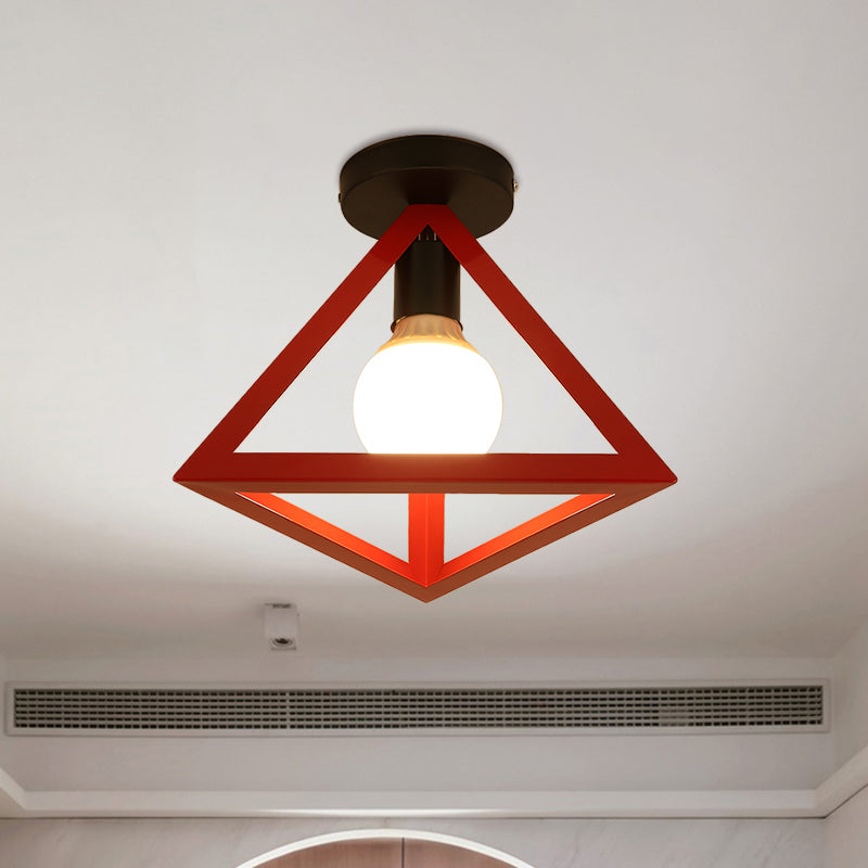 Loft Style Triangle Ceiling Fixture with Cage Shade 1 Bulb Metallic Semi Flush Mount Light in Black/Red Clearhalo 'Ceiling Lights' 'Close To Ceiling Lights' 'Close to ceiling' 'Semi-flushmount' Lighting' 1959500