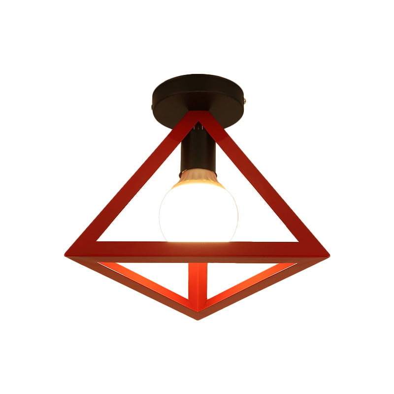 Loft Style Triangle Ceiling Fixture with Cage Shade 1 Bulb Metallic Semi Flush Mount Light in Black/Red Clearhalo 'Ceiling Lights' 'Close To Ceiling Lights' 'Close to ceiling' 'Semi-flushmount' Lighting' 1959501