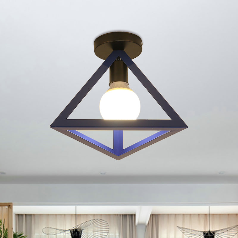 Loft Style Triangle Ceiling Fixture with Cage Shade 1 Bulb Metallic Semi Flush Mount Light in Black/Red Blue A Clearhalo 'Ceiling Lights' 'Close To Ceiling Lights' 'Close to ceiling' 'Semi-flushmount' Lighting' 1959502