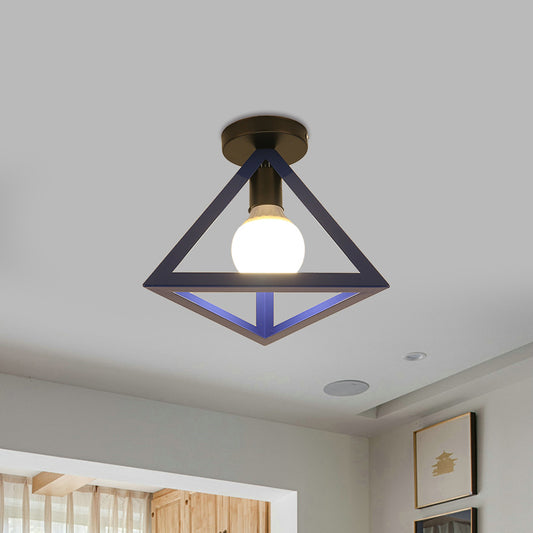 Loft Style Triangle Ceiling Fixture with Cage Shade 1 Bulb Metallic Semi Flush Mount Light in Black/Red Clearhalo 'Ceiling Lights' 'Close To Ceiling Lights' 'Close to ceiling' 'Semi-flushmount' Lighting' 1959503